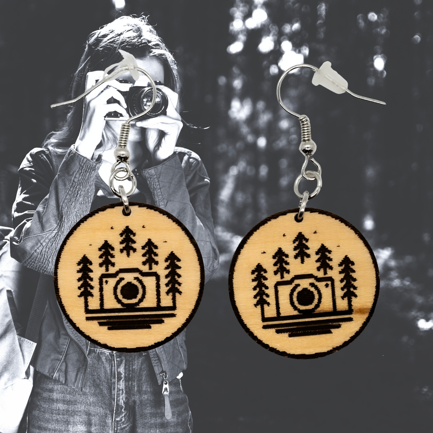 Forest Photo Adventure lightweight wood camera earrings