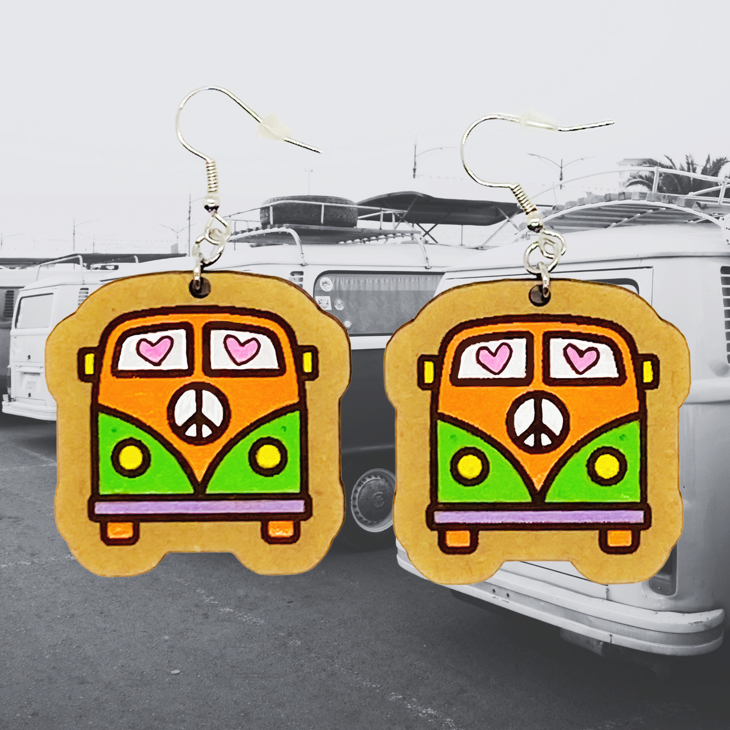 Colorful retro van earrings with hearts and peace sign on MDF
