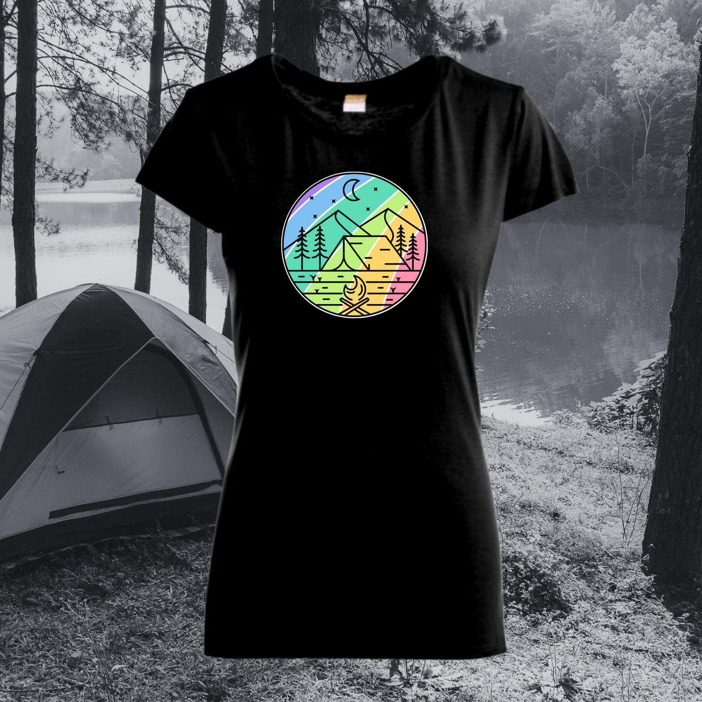 Black t-shirt with a colorful nature graphic on a forest background