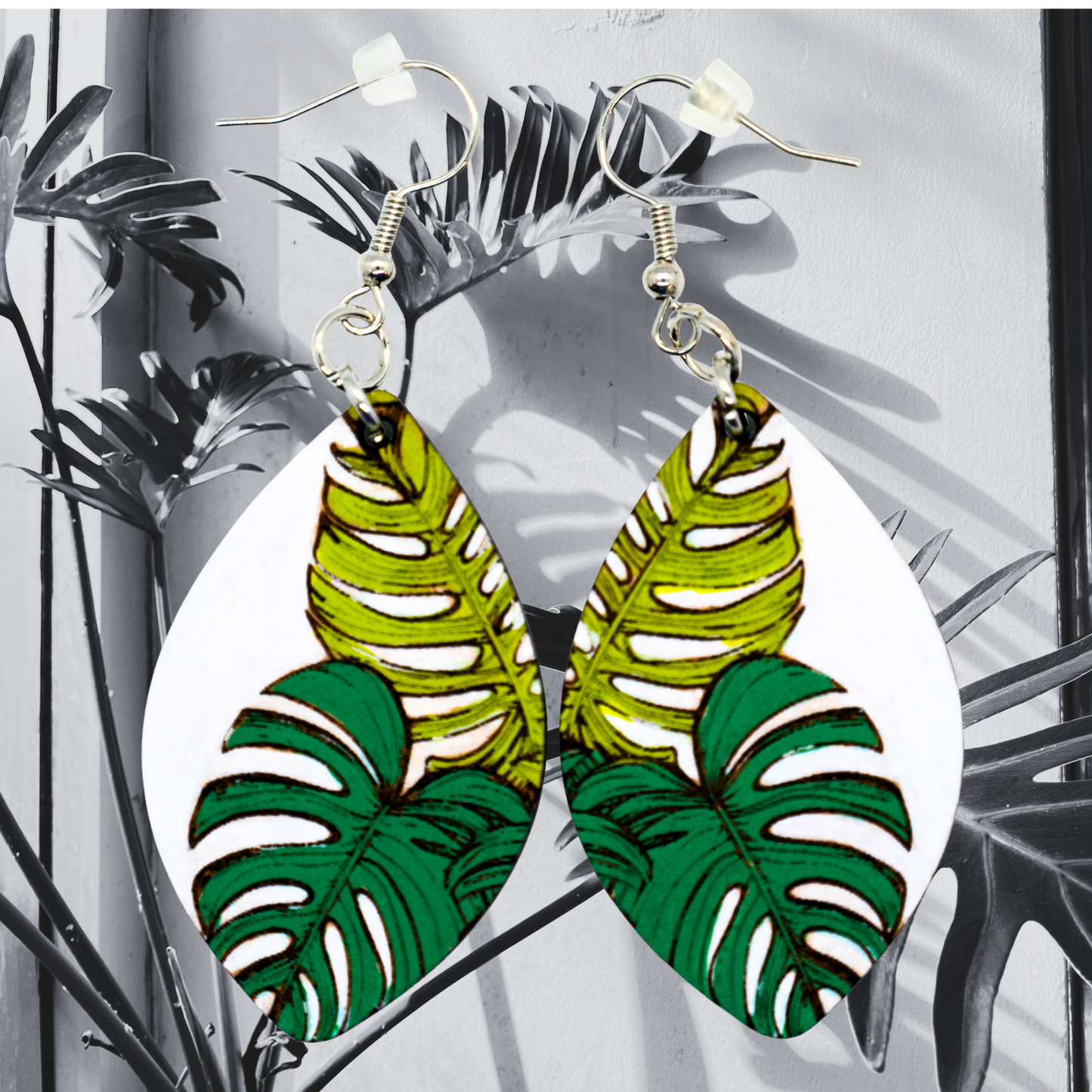 Green monstera and palm leaf lightweight earrings with silver hooks