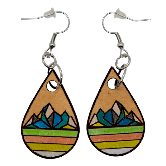 Wood teardrop earrings with geometric mountains and stripes