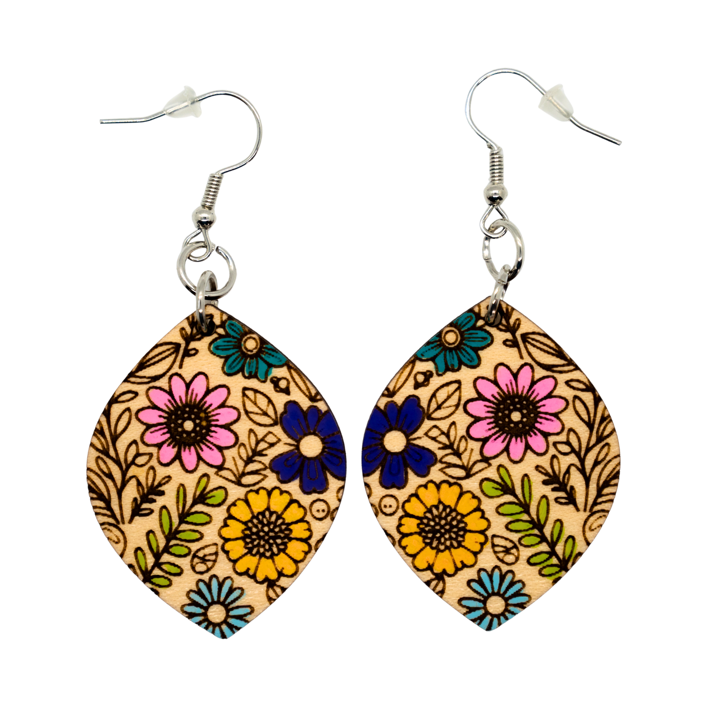 Colorful wildflower wood earrings with sterling silver hooks