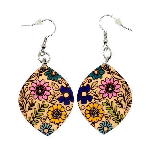 Colorful wildflower wood earrings with sterling silver hooks