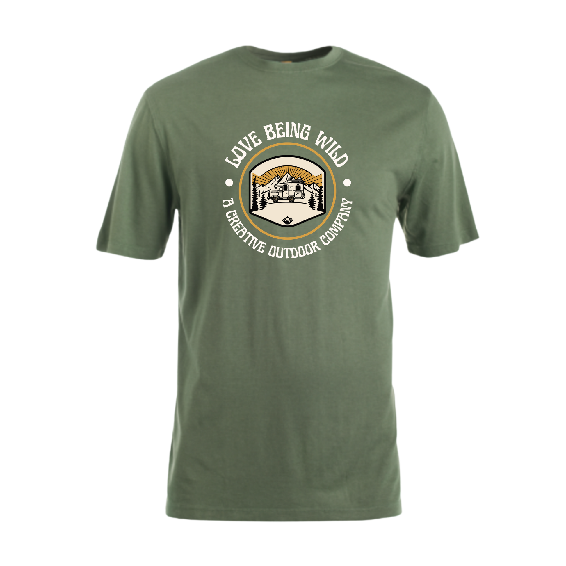 Green t-shirt with a logo and text on a white background
