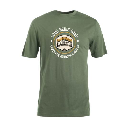 Green t-shirt with a logo and text on a white background