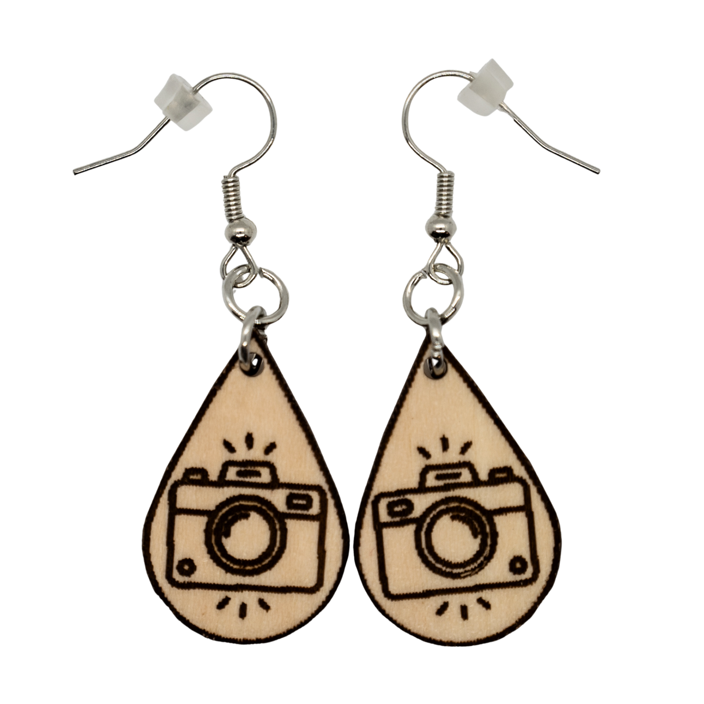 Wood teardrop camera earrings with sterling silver hooks