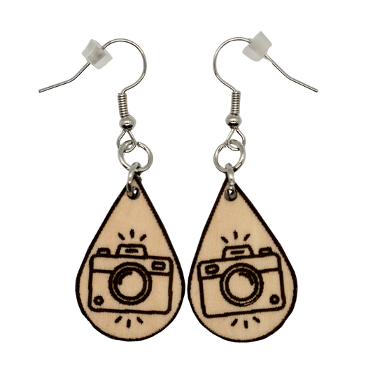 Wood teardrop camera earrings with sterling silver hooks