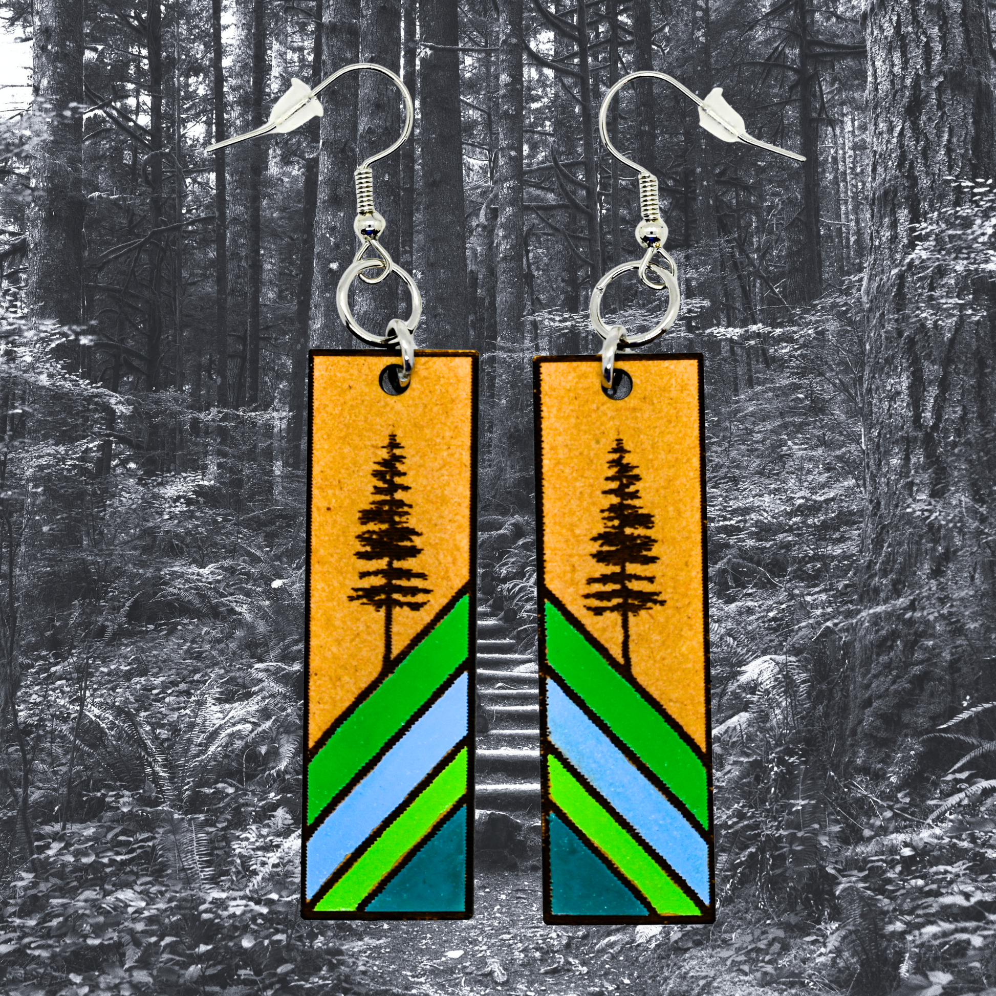 Evergreen Trail Stripe lightweight wood earrings with silver hooks