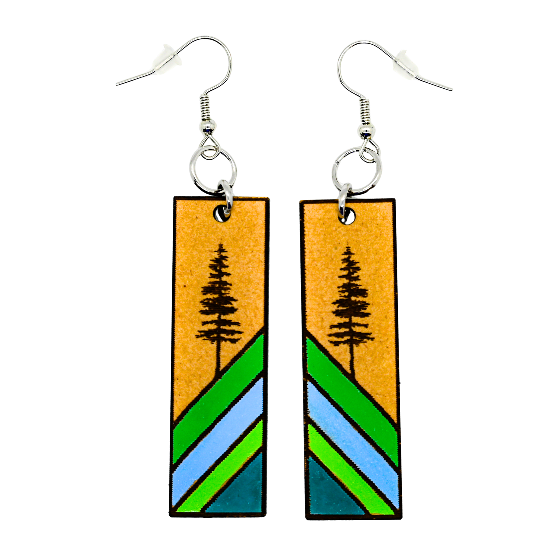 Rectangular forest earrings with pine tree and green blue stripes