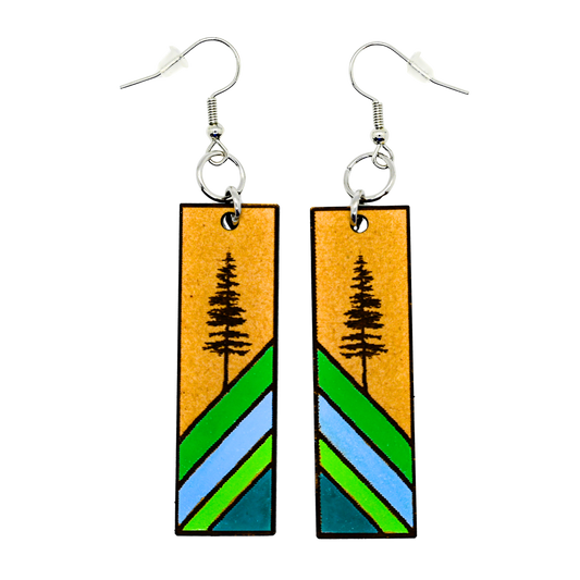 Rectangular forest earrings with pine tree and green blue stripes
