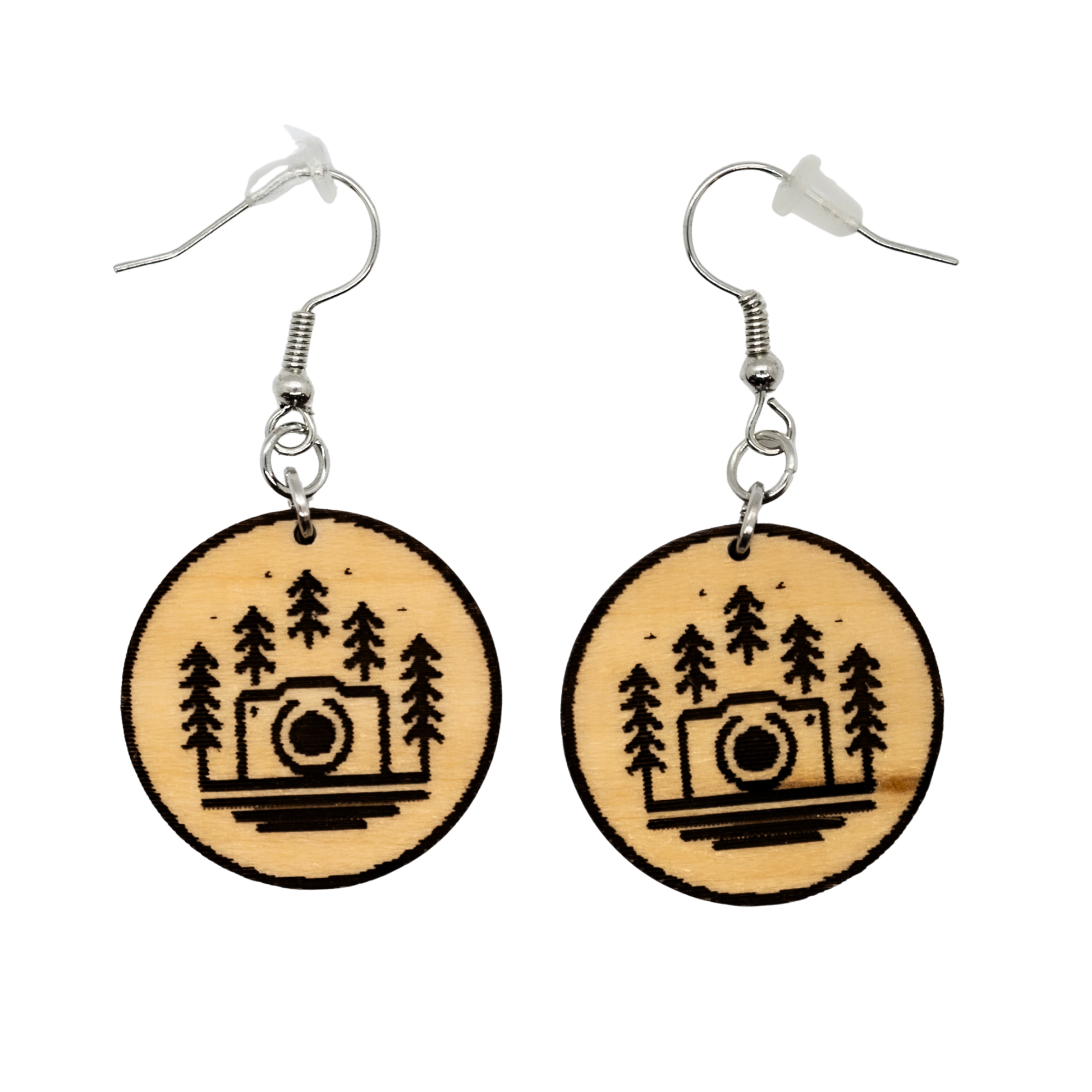Wood earrings with camera and pine trees for nature photographers