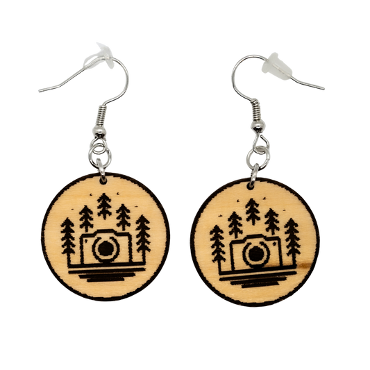 Wood earrings with camera and pine trees for nature photographers