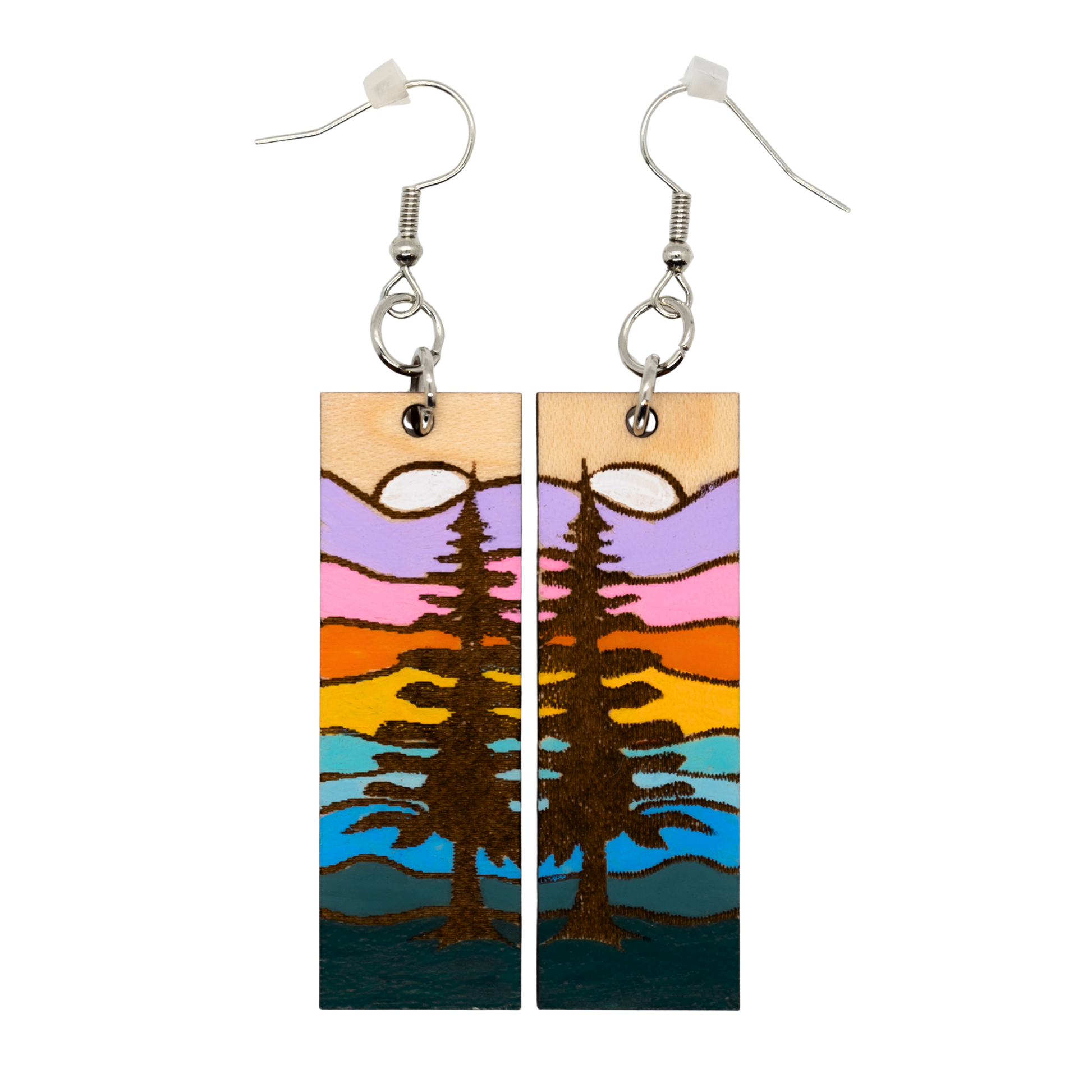 Woodgrain rectangle earrings with pine tree silhouettes