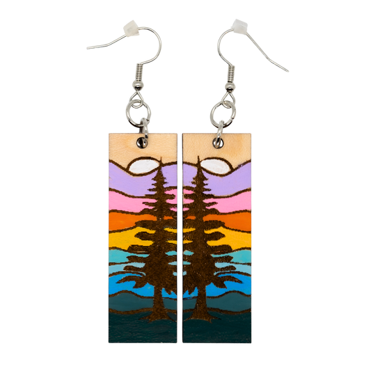 Woodgrain rectangle earrings with pine tree silhouettes