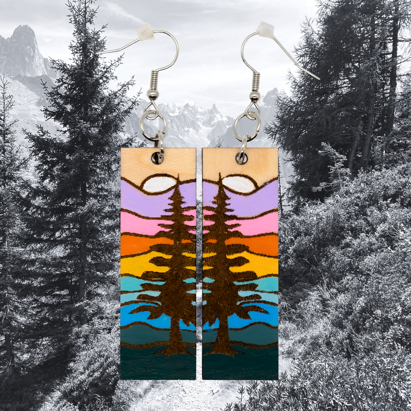Forest Tree Line lightweight wood earrings with silver hooks