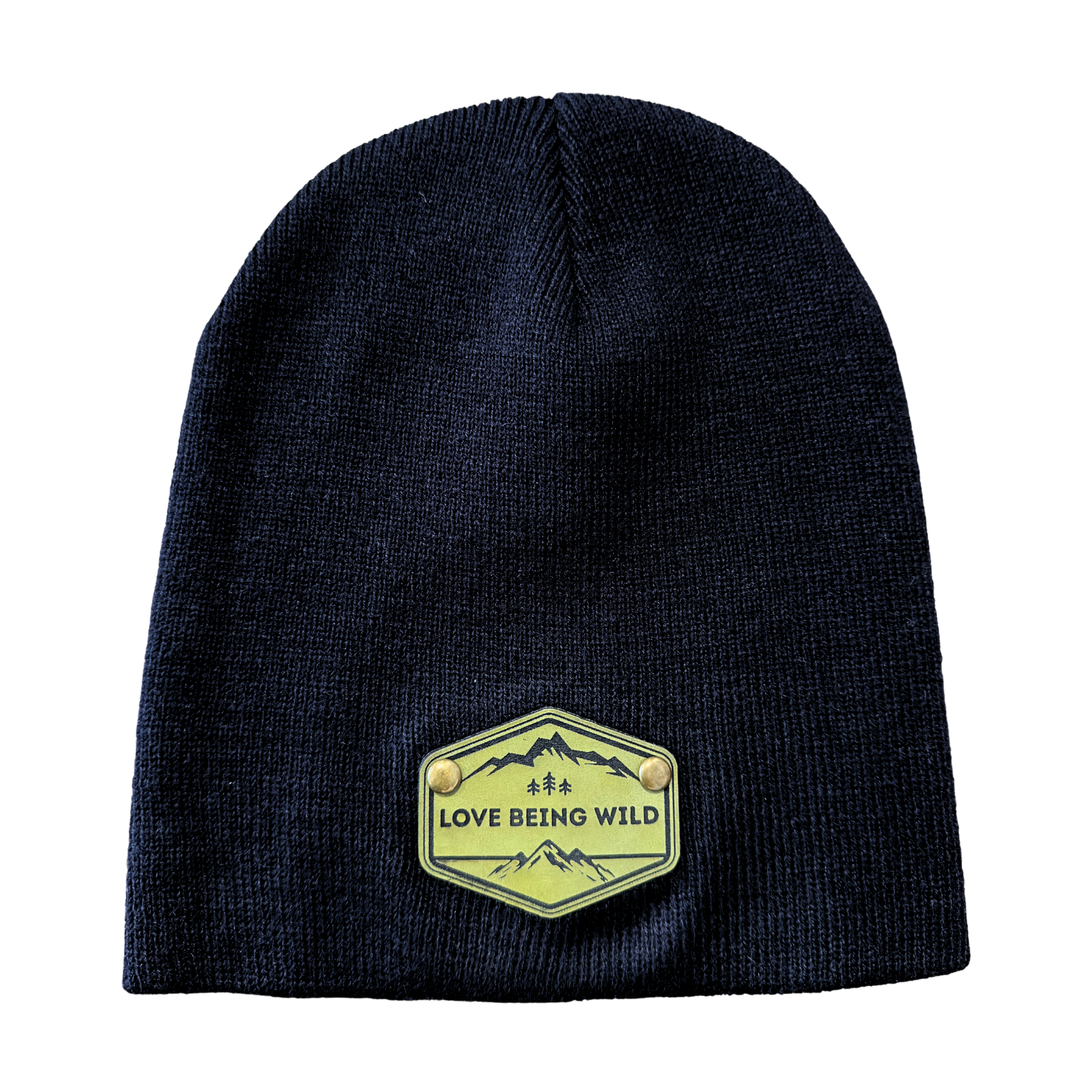 Black beanie with a green 'Love Being Wild' patch on a white background