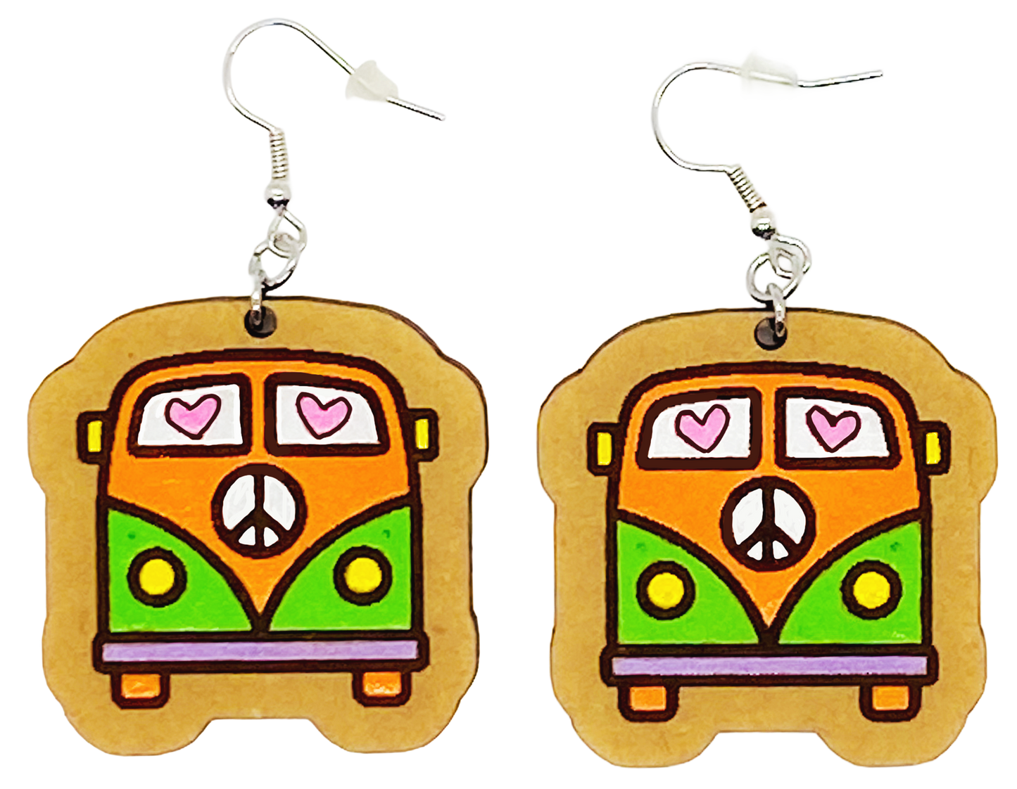 Hand-painted Groovy Bus MDF earrings with retro van design