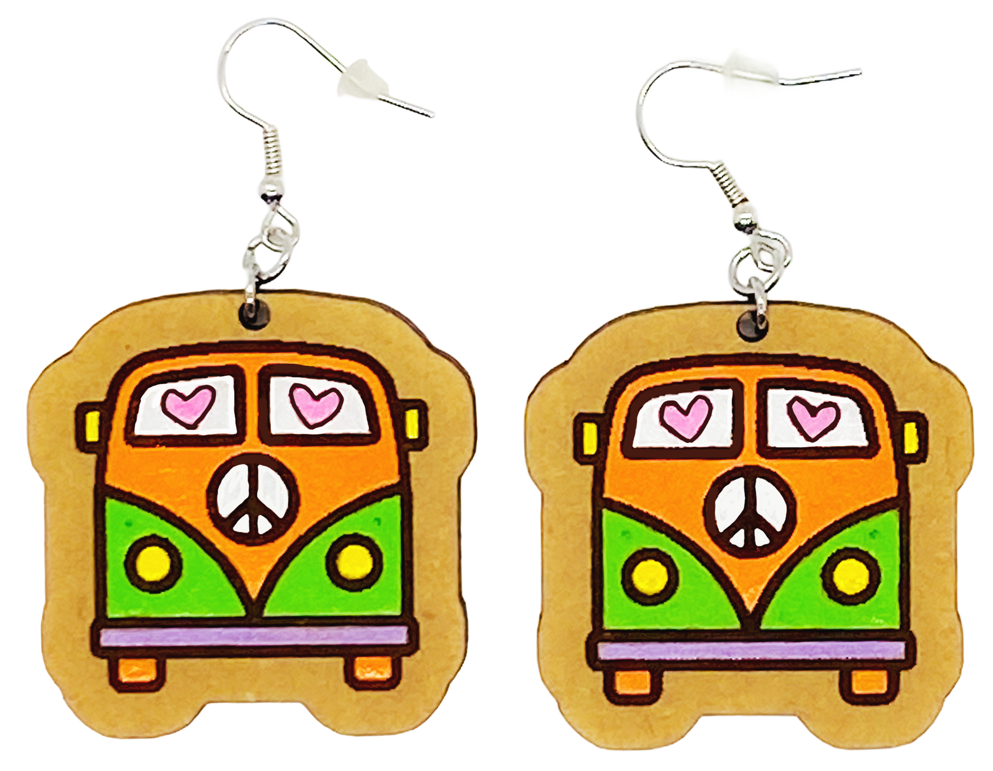Hand-painted Groovy Bus MDF earrings with retro van design
