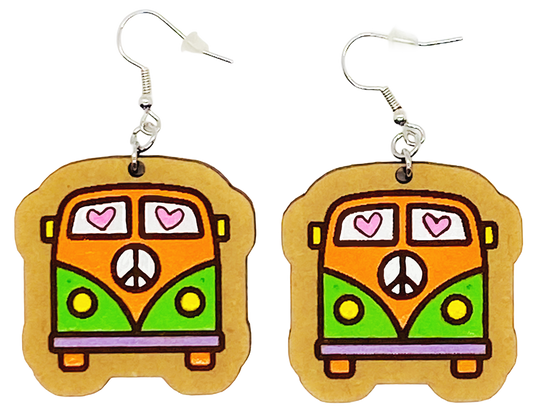 Hand-painted Groovy Bus MDF earrings with retro van design