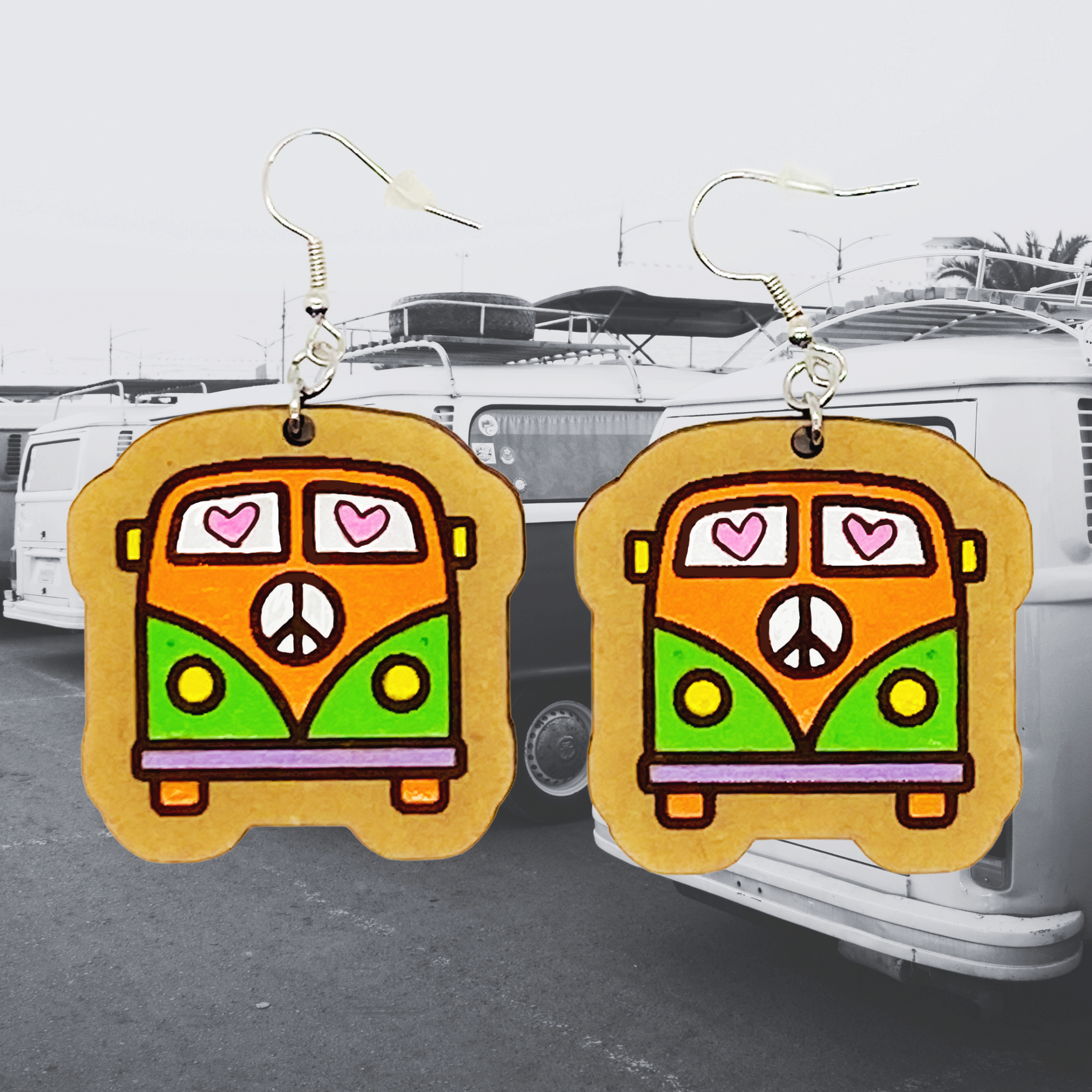 Colorful retro van earrings with hearts and peace sign on MDF