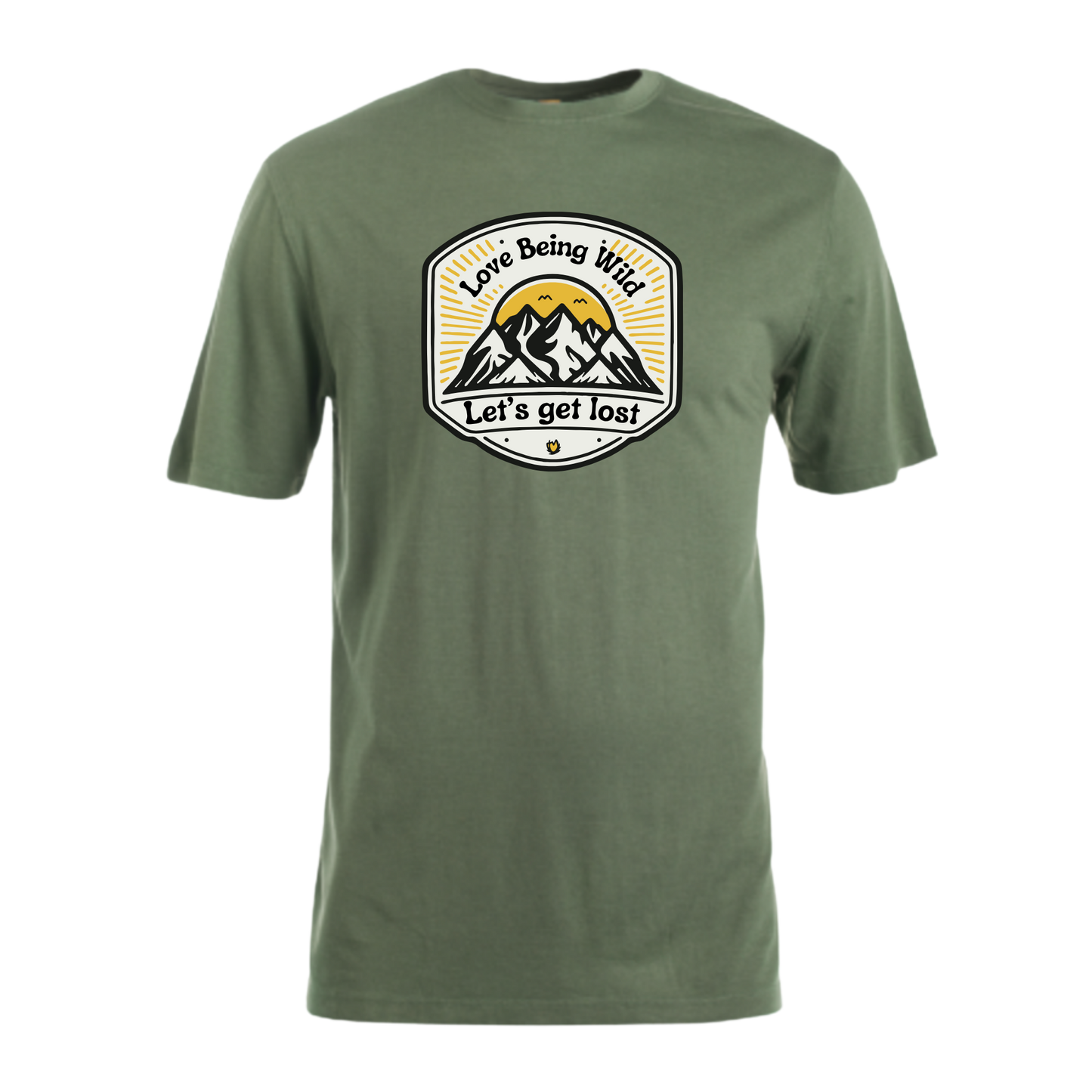 Green t-shirt with a mountain graphic and text on a white background