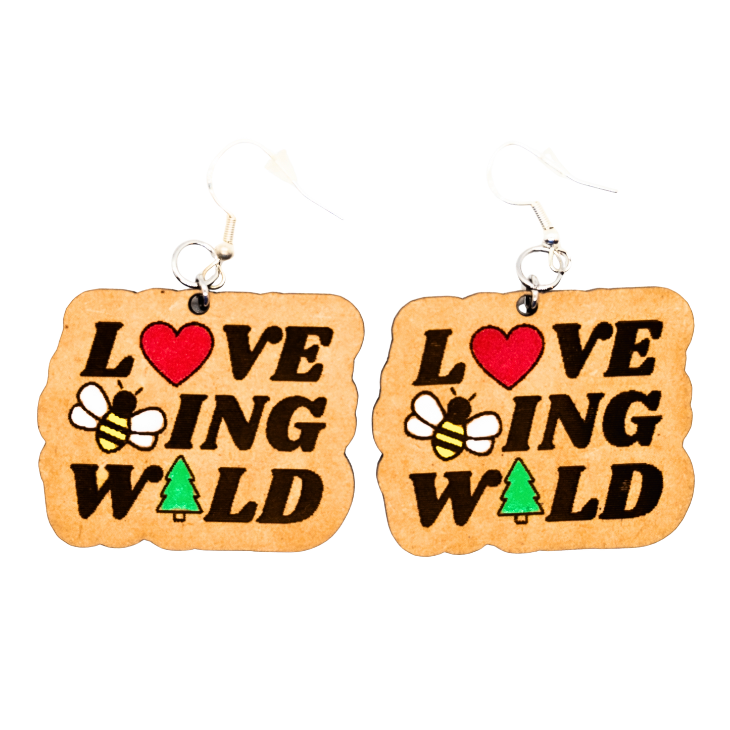 Love Being Wild logo wood earrings with heart, bee, and tree