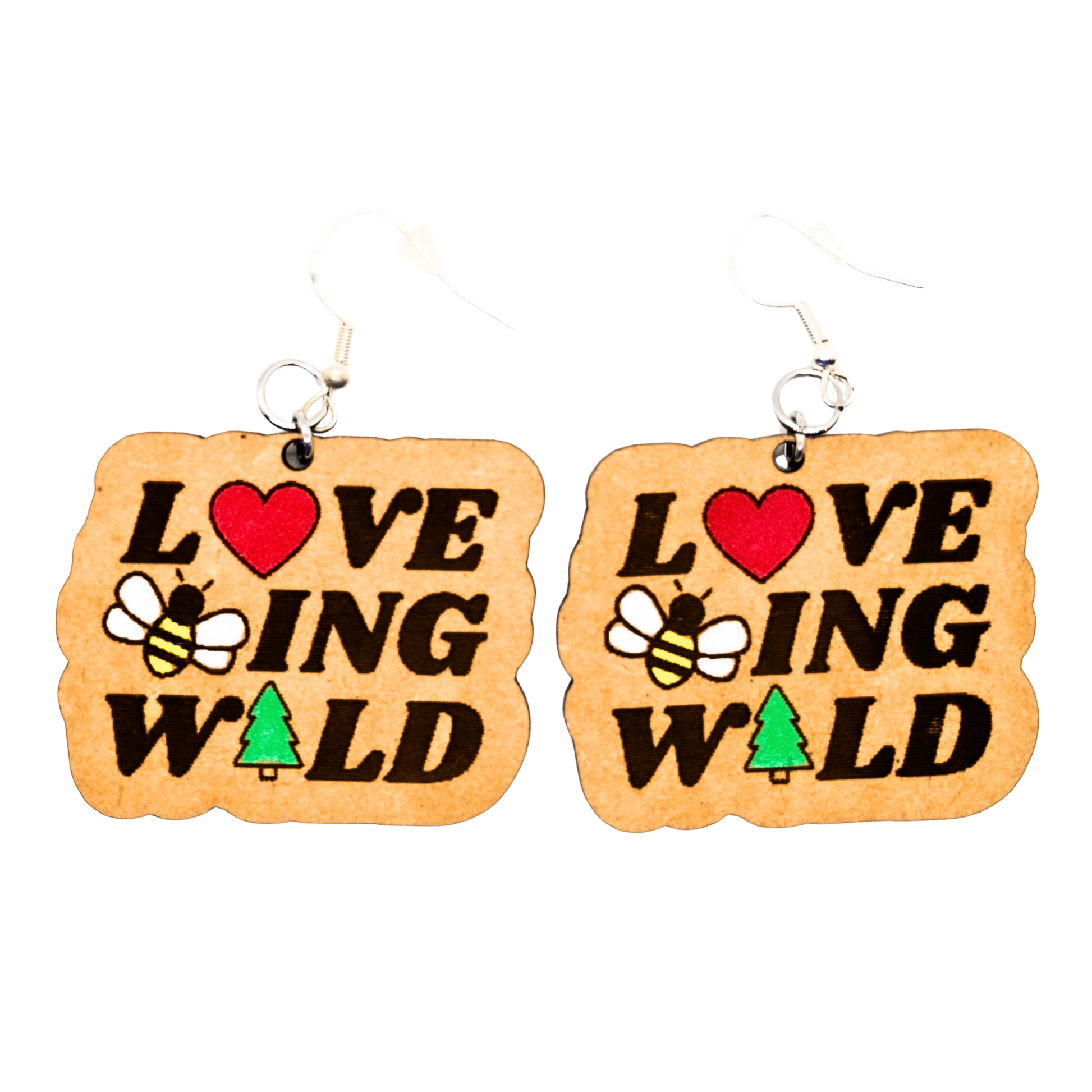 Love Being Wild logo wood earrings with heart, bee, and tree