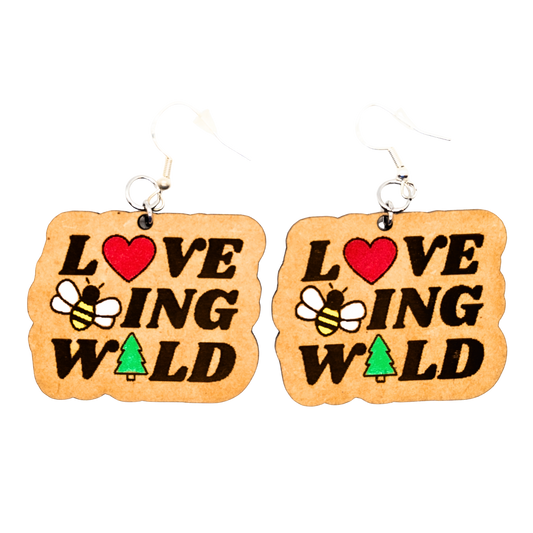Love Being Wild logo wood earrings with heart, bee, and tree