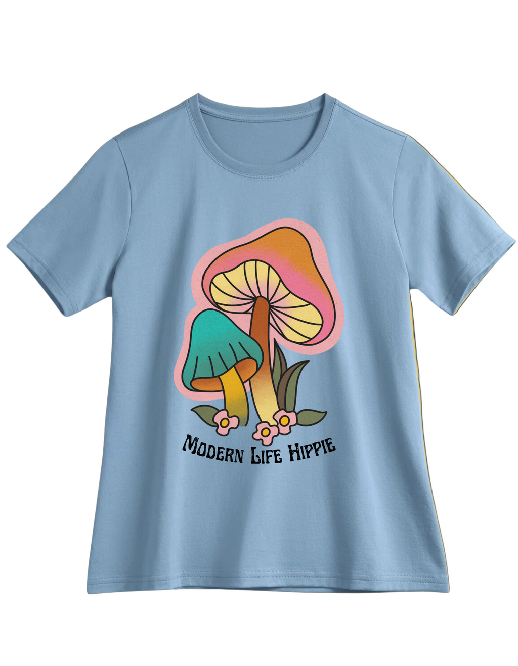 Light blue t-shirt with mushroom graphic and 'Modern Life Hippie' text 