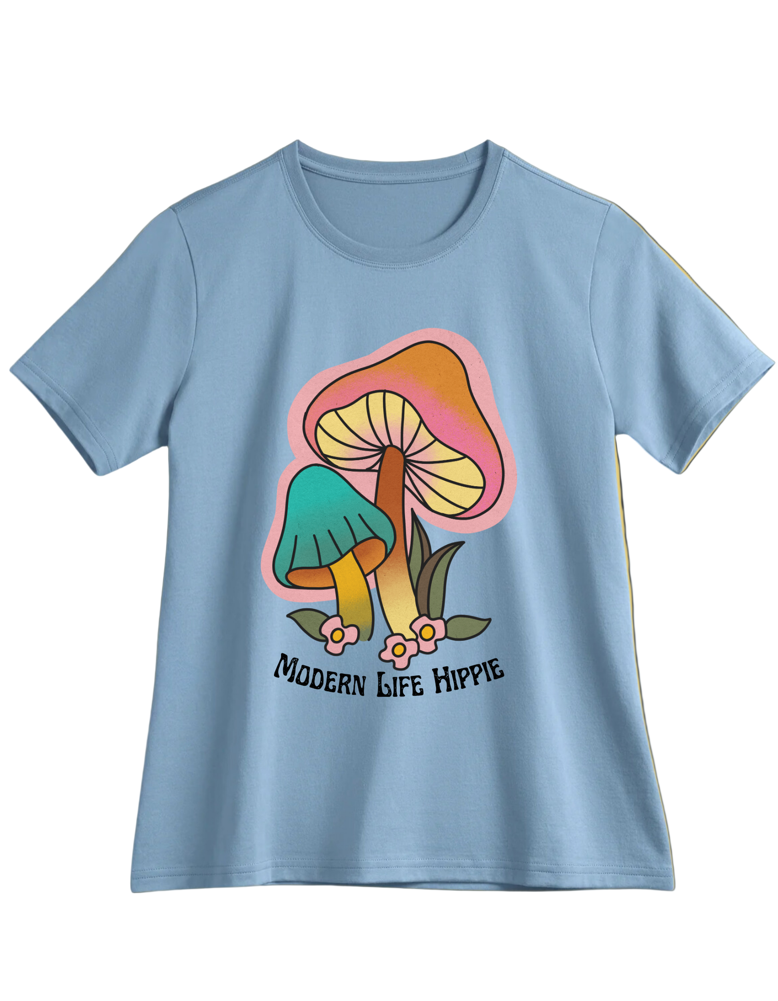 Light blue t-shirt with mushroom graphic and 'Modern Life Hippie' text 