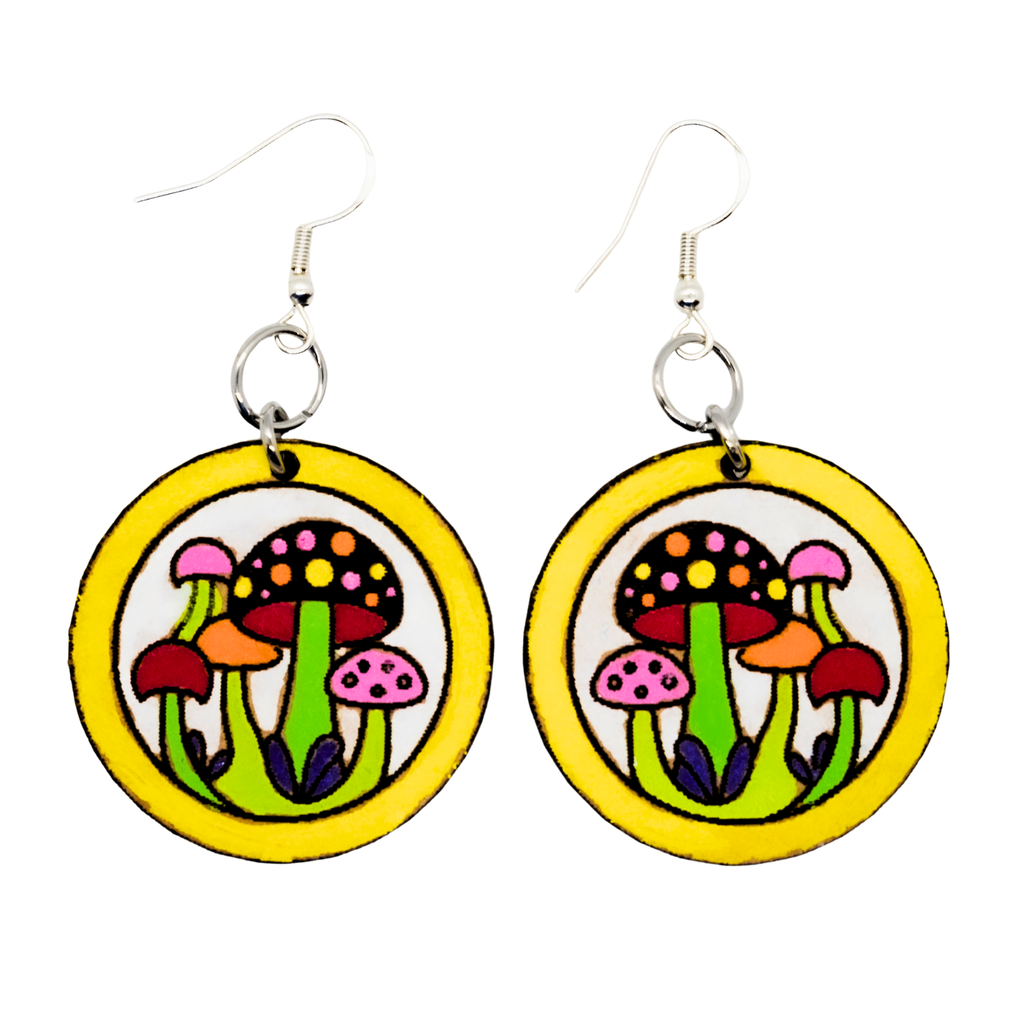 Colorful mushroom wood earrings with yellow circle border