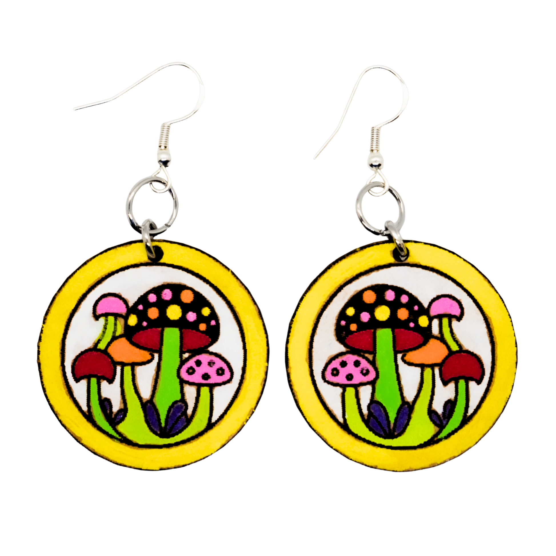 Colorful mushroom wood earrings with yellow circle border