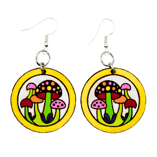 Colorful mushroom wood earrings with yellow circle border