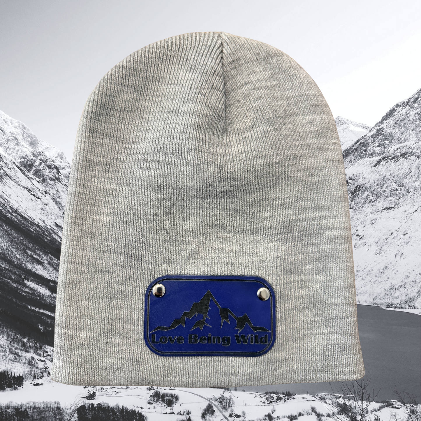 Gray beanie with a blue patch featuring mountain and dog design, set against a snowy mountain landscape.