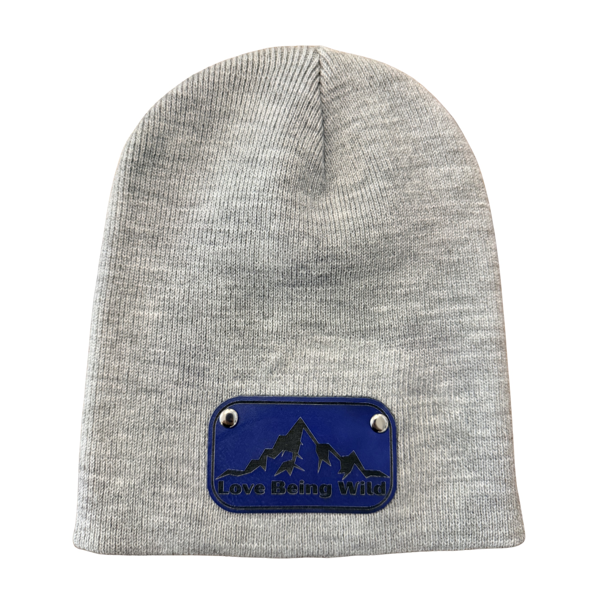 Gray beanie with a blue patch featuring mountain and dog design on a white background