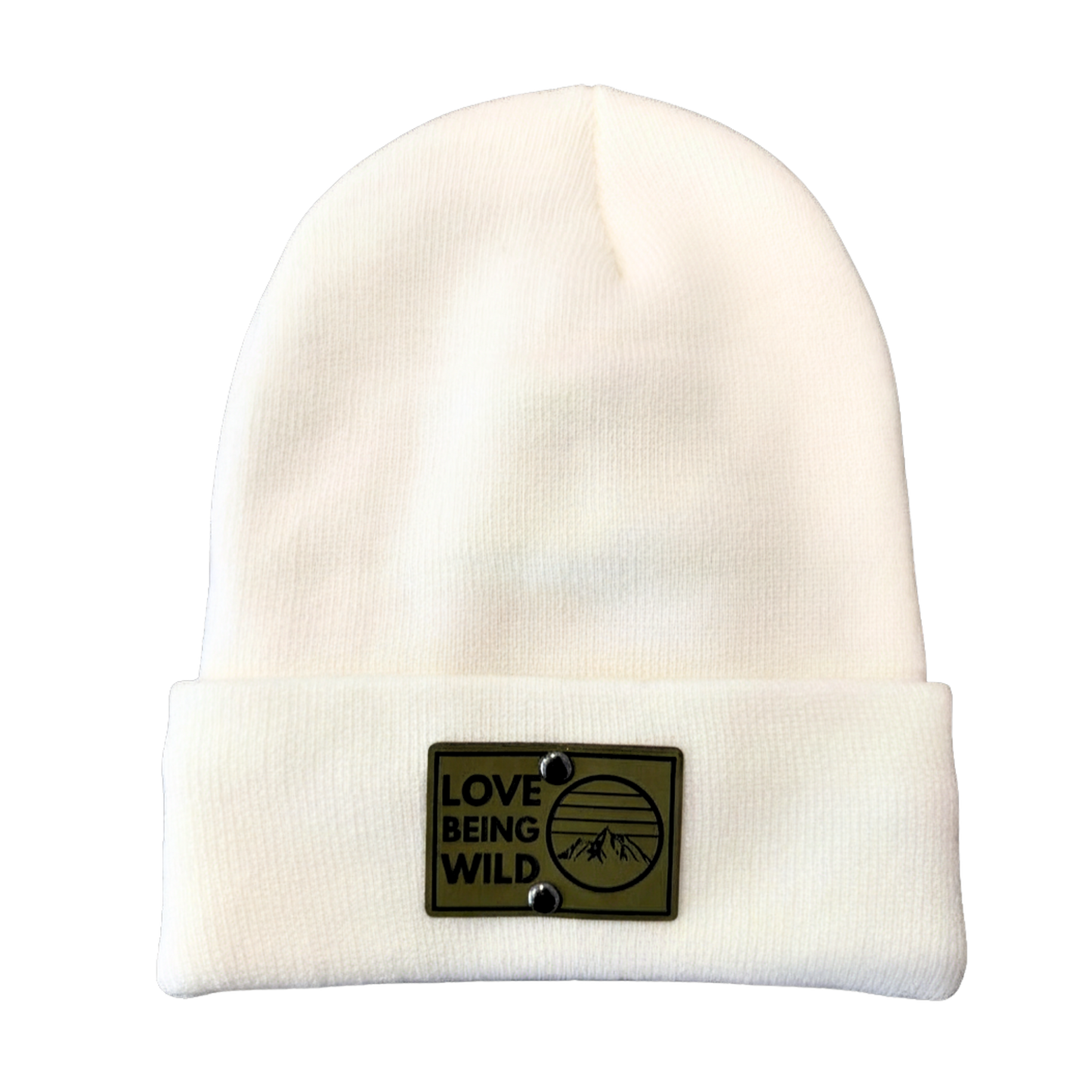 White beanie with a patch that says 'Love Being Wild' on a white background