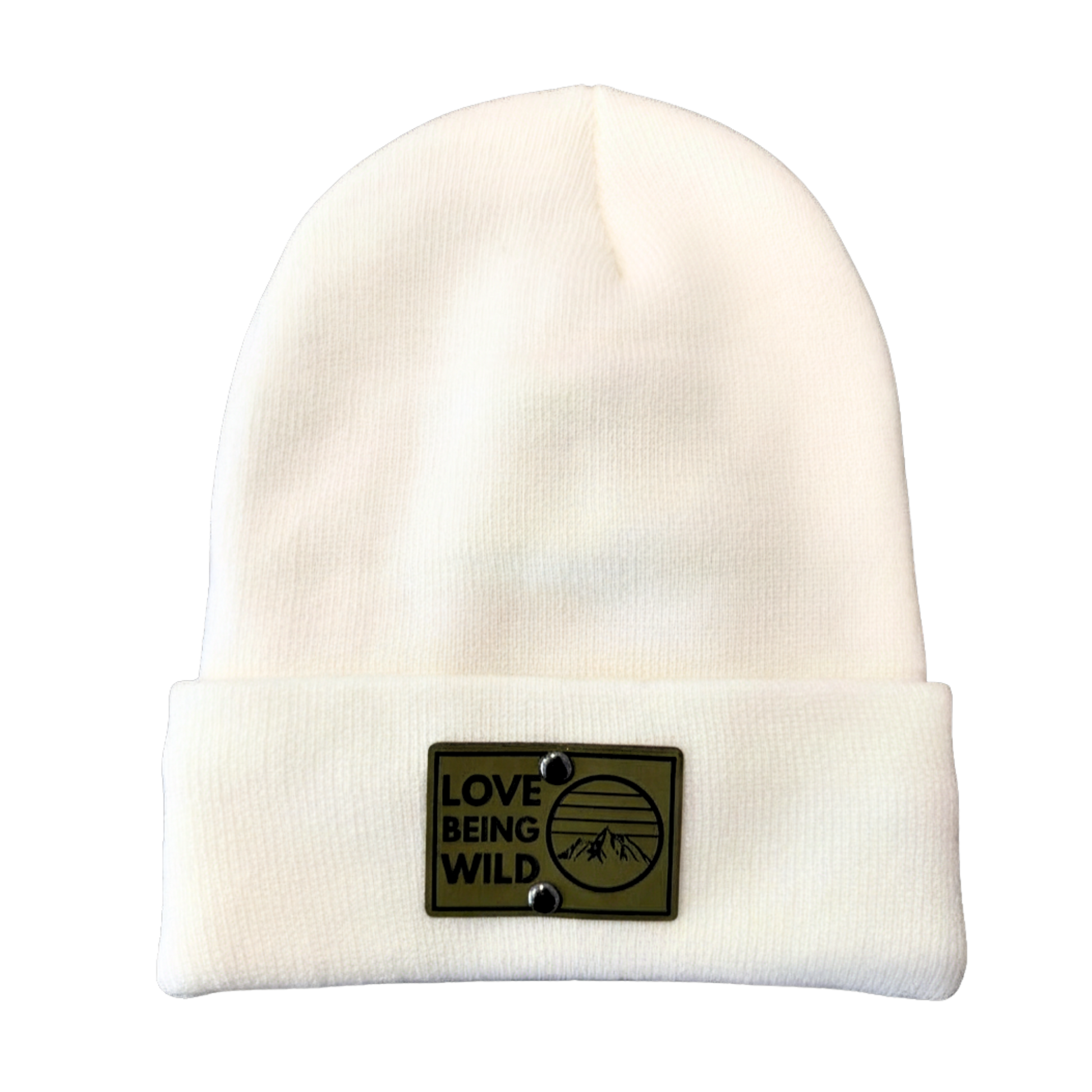 White beanie with a patch that says 'Love Being Wild' on a white background
