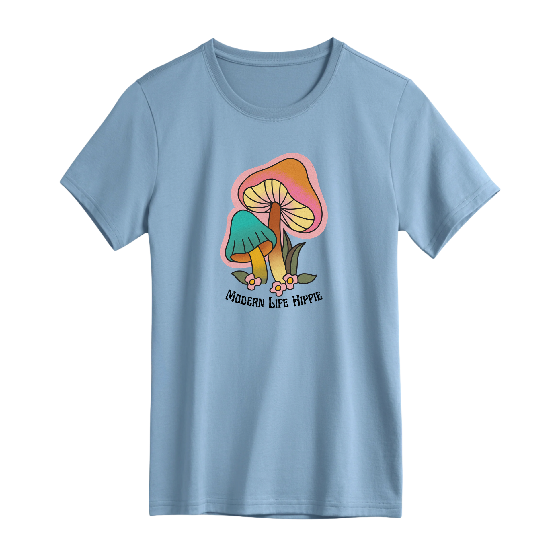Light blue t-shirt with a colorful mushroom graphic and 'Modern Life Hippie' text on a white background