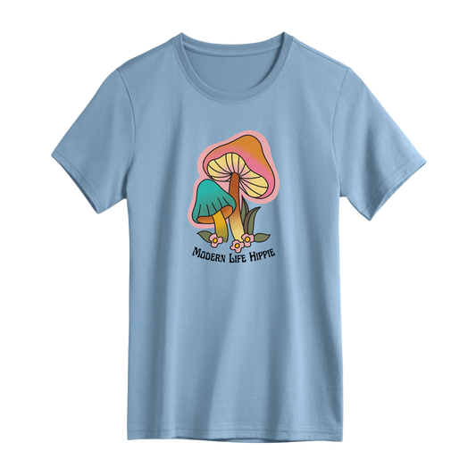 Light blue t-shirt with a colorful mushroom graphic and 'Modern Life Hippie' text on a white background