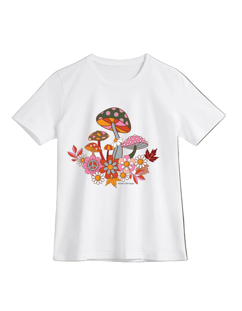 White t-shirt with a colorful mushroom and flower design 
