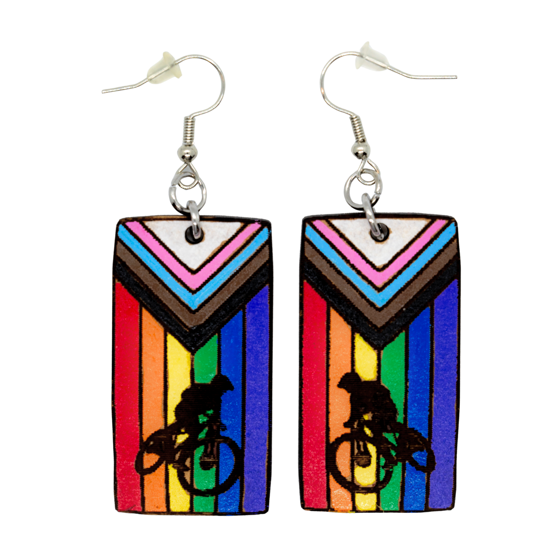 Rainbow mountain bike earrings with rider silhouette