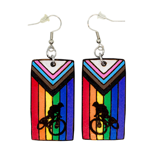 Rainbow mountain bike earrings with rider silhouette