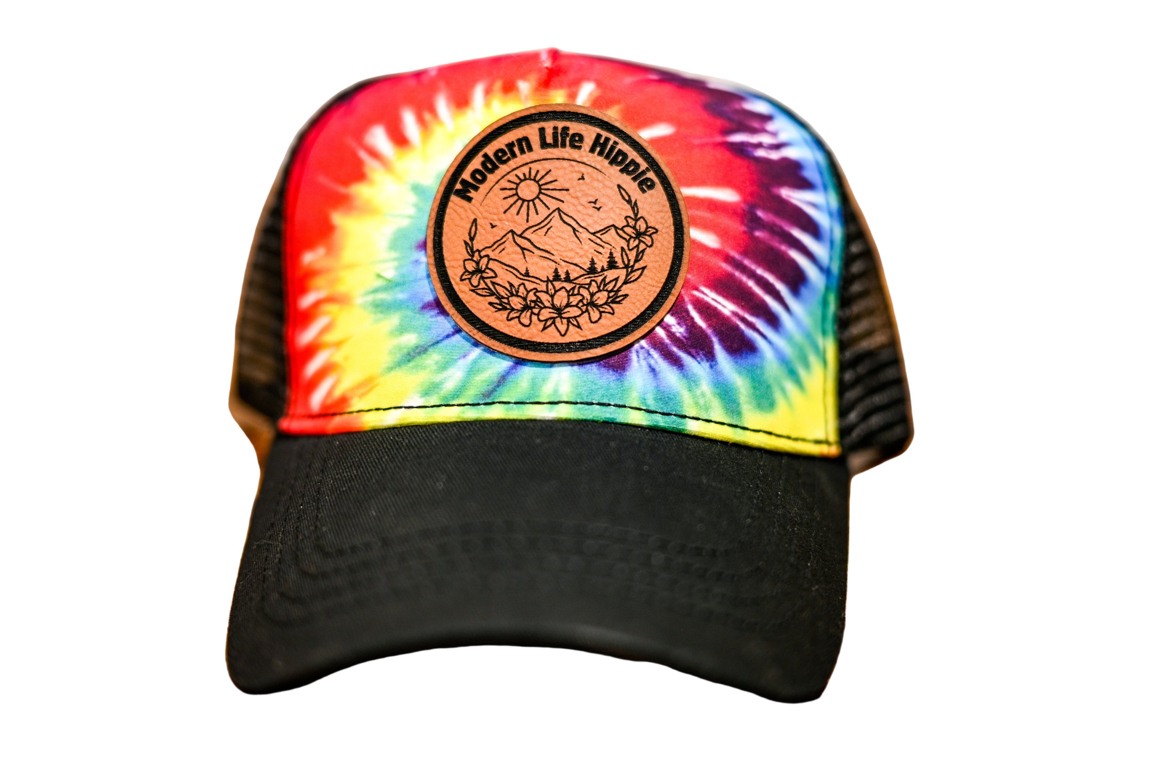Tie-dye trucker hat with a leather patch 