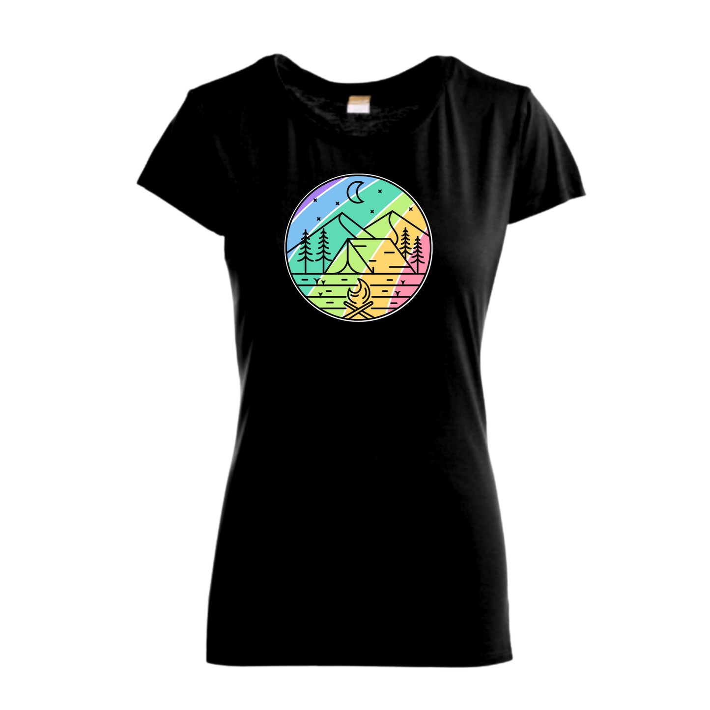 Black t-shirt with a colorful nature graphic on a white background