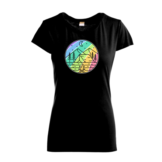 Black t-shirt with a colorful nature graphic on a white background