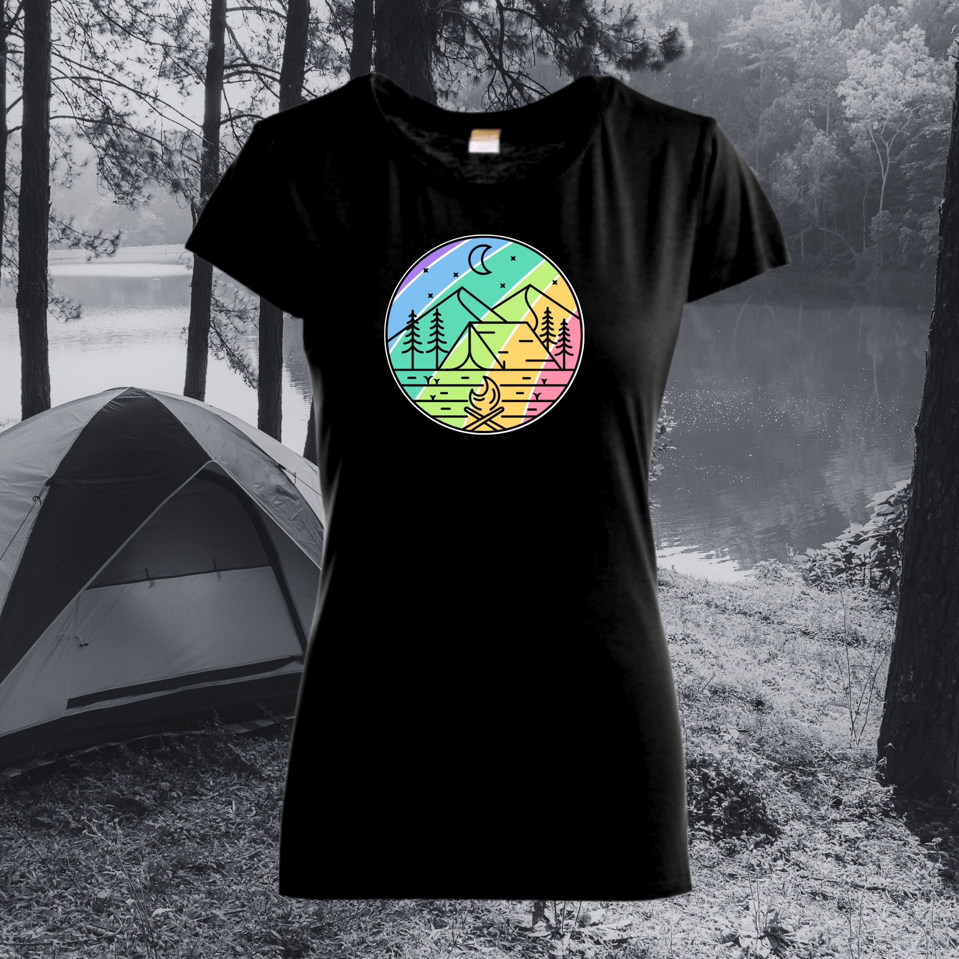 Black t-shirt with a colorful nature graphic on a forest background