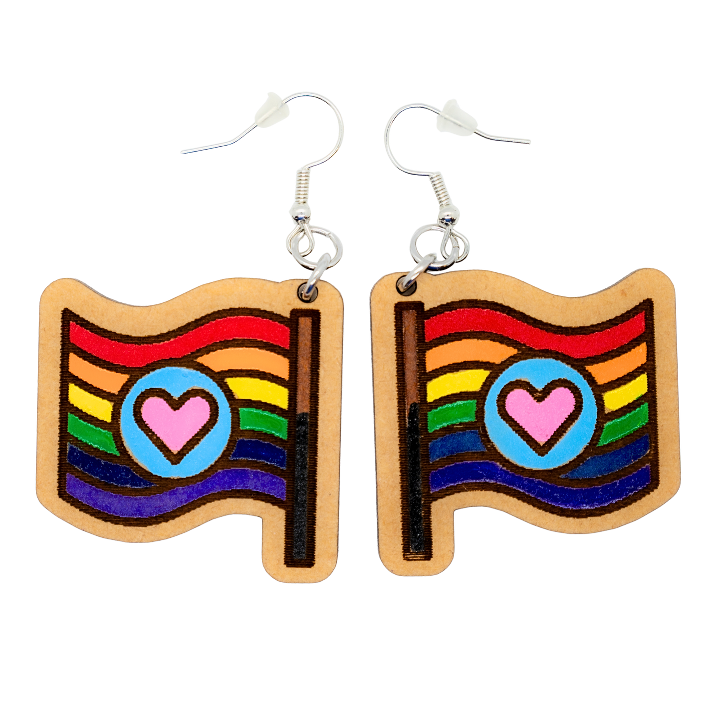 Rainbow heart flag wood earrings with sterling silver hooks