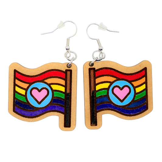 Rainbow heart flag wood earrings with sterling silver hooks