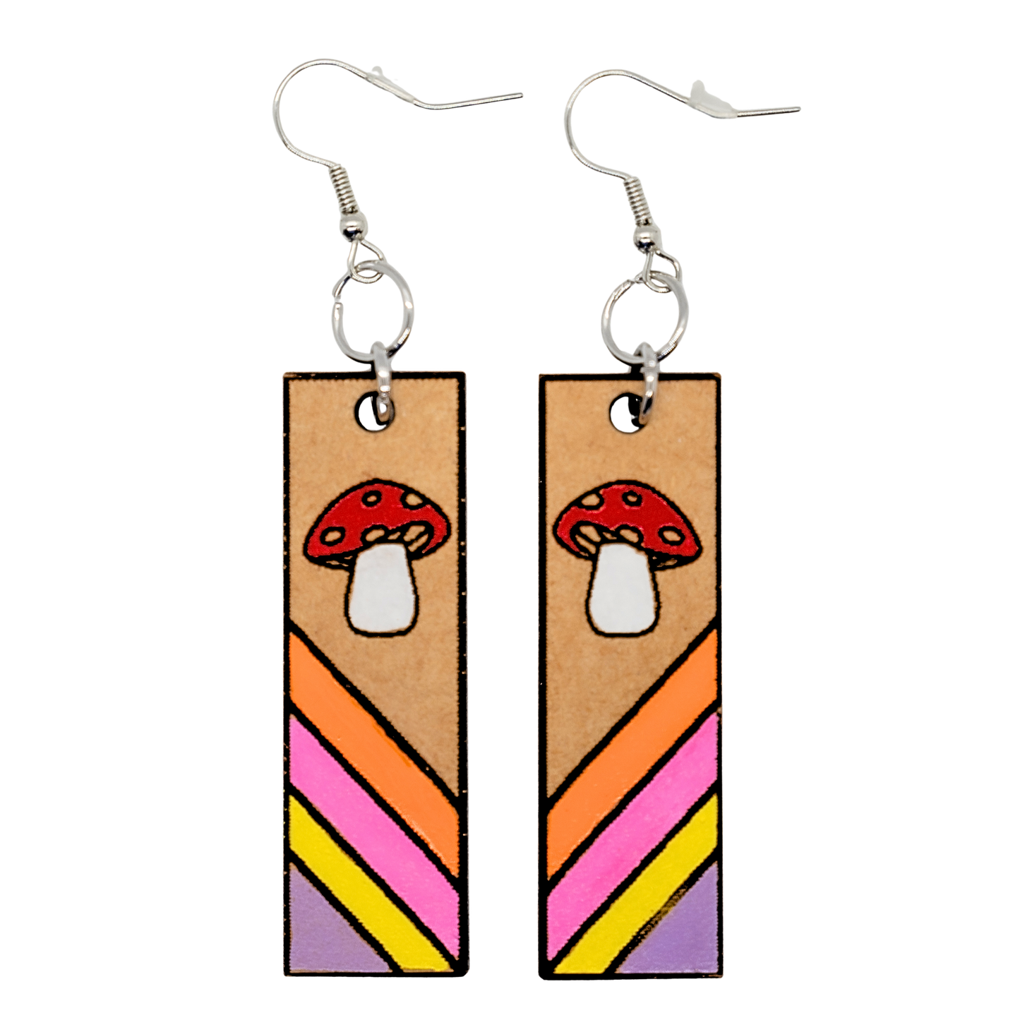 Rectangular retro mushroom earrings with colorful stripes