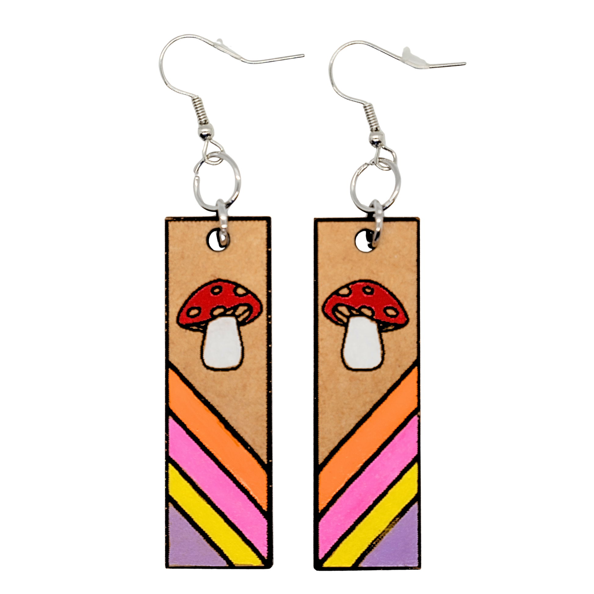 Rectangular retro mushroom earrings with colorful stripes